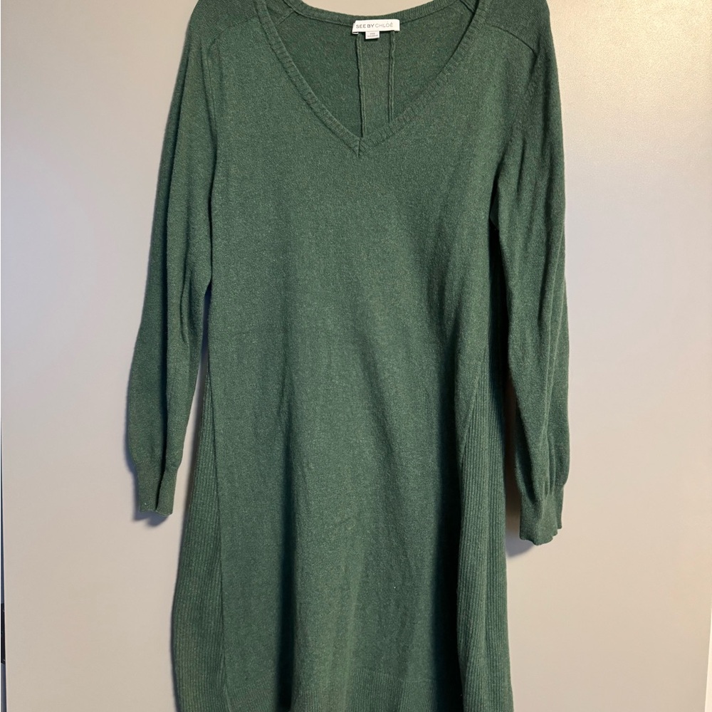 See By Chloe Green V-Neck Wool & Cashmere blend Sweater Dress